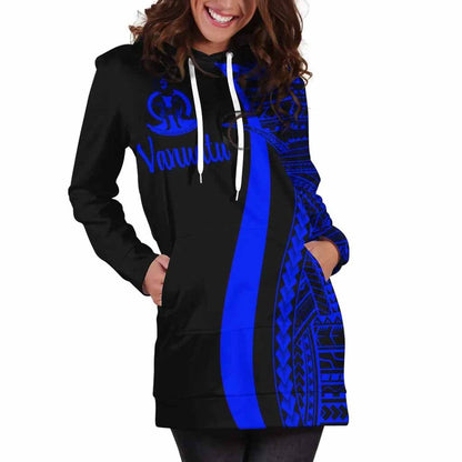 Vanuatu Female Hoodie Dress - Blue Polynesian Tentacle Tribal Pattern