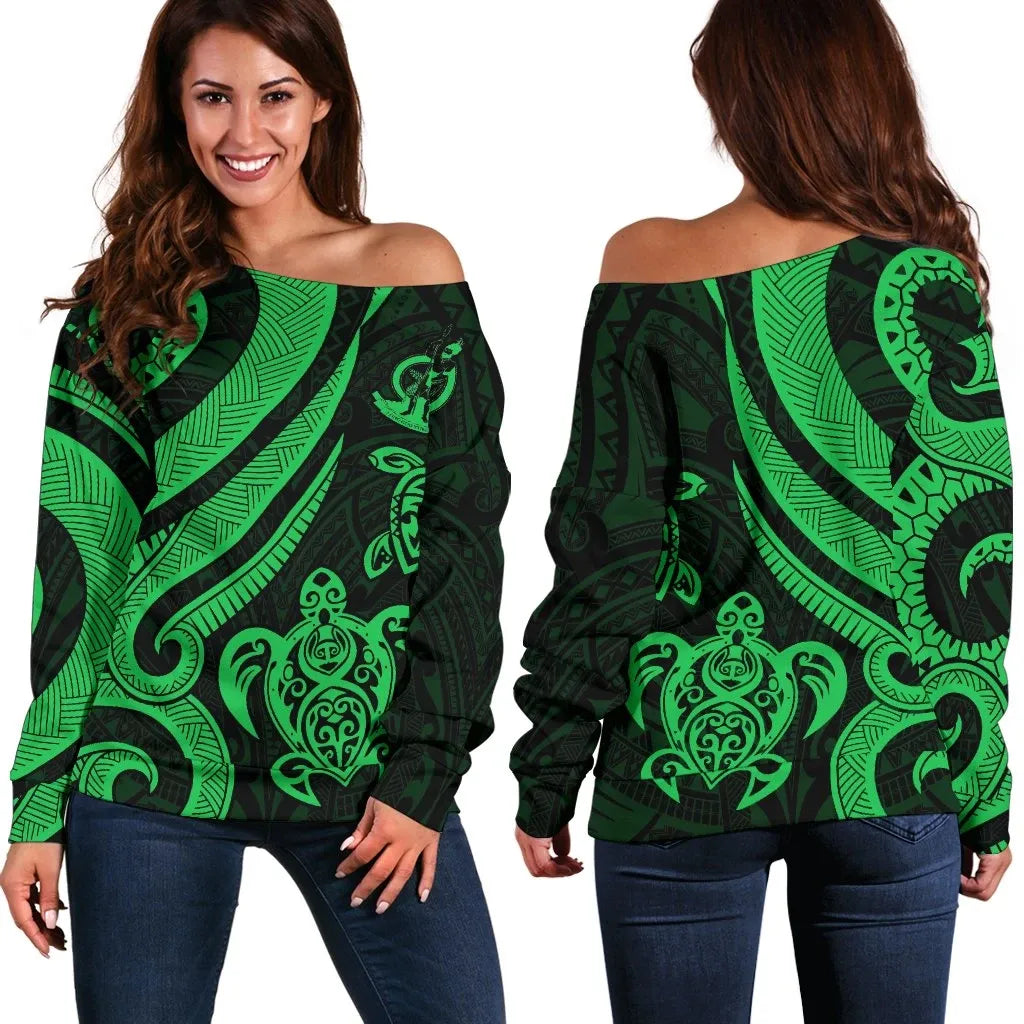 Vanuatu Women Off Shoulder Sweater - Green Tentacle Turtle