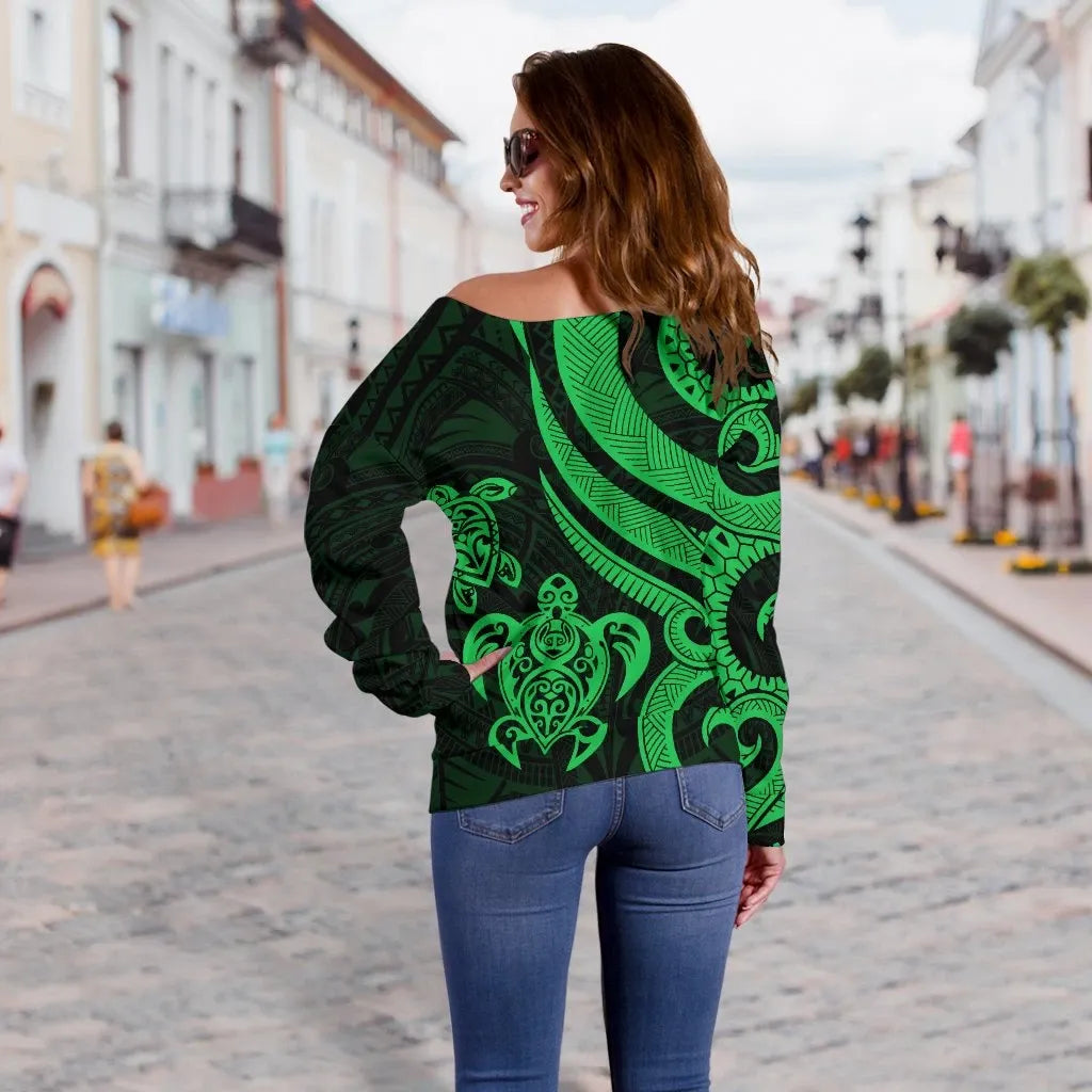 Vanuatu Women Off Shoulder Sweater - Green Tentacle Turtle