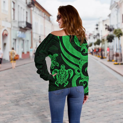 Vanuatu Women Off Shoulder Sweater - Green Tentacle Turtle