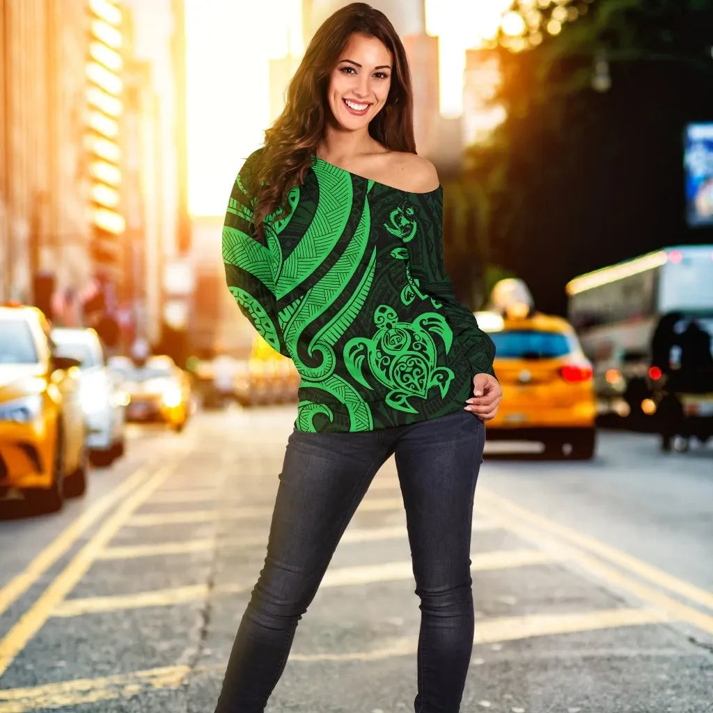 Vanuatu Women Off Shoulder Sweater - Green Tentacle Turtle
