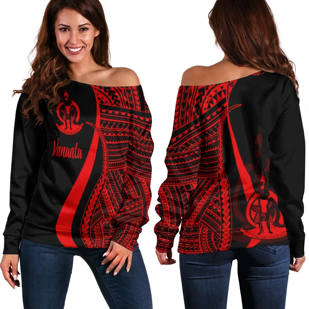 Vanuatu Women Off Shoulder Sweater - Red Polynesian Tentacle Tribal Pattern