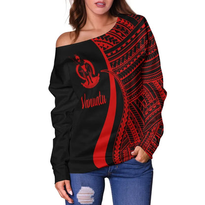 Vanuatu Women Off Shoulder Sweater - Red Polynesian Tentacle Tribal Pattern