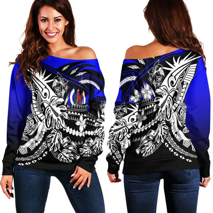 Vanuatu Women Off Shoulder Sweaters - Tribal Jungle Pattern Blue Color