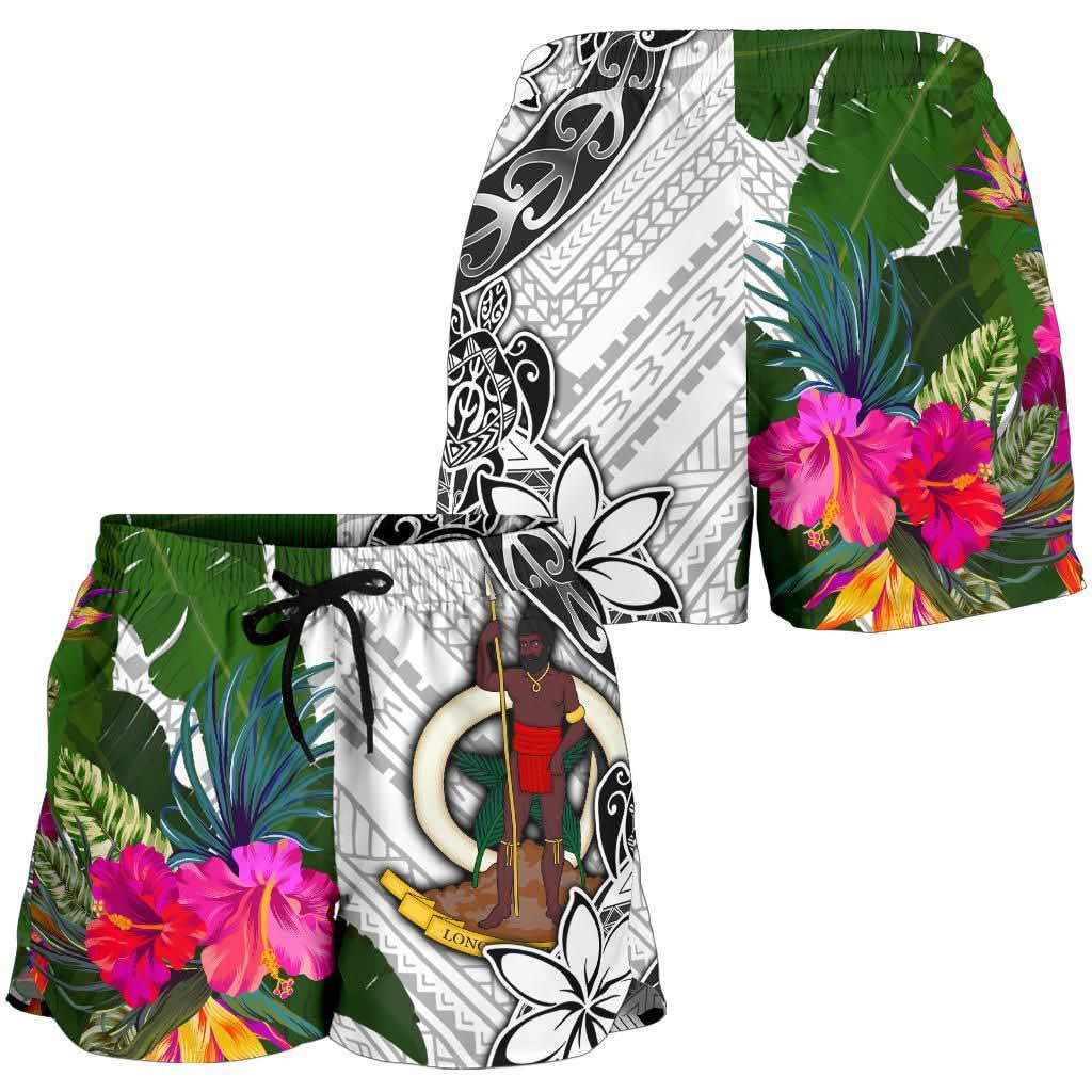 Vanuatu Women Shorts White - Turtle Plumeria Banana Leaf
