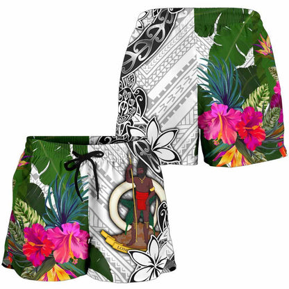 Vanuatu Women Shorts White - Turtle Plumeria Banana Leaf