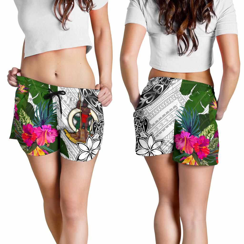 Vanuatu Women Shorts White - Turtle Plumeria Banana Leaf