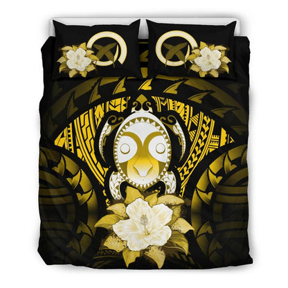 Vanuatu Duvet Cover Set - Turtle Tiki Face & Yellow Hibiscus