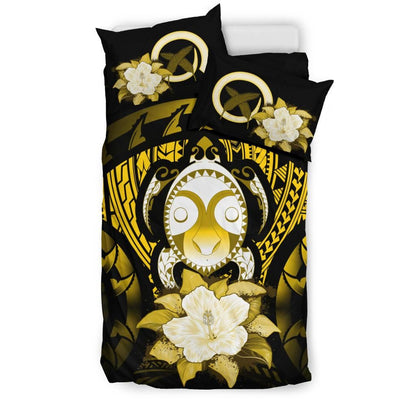 Vanuatu Duvet Cover Set - Turtle Tiki Face & Yellow Hibiscus