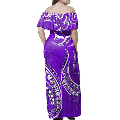 Hawaii Woman Off Shoulder Long Dress Kanaka Maoli Tribal Plumeria Print