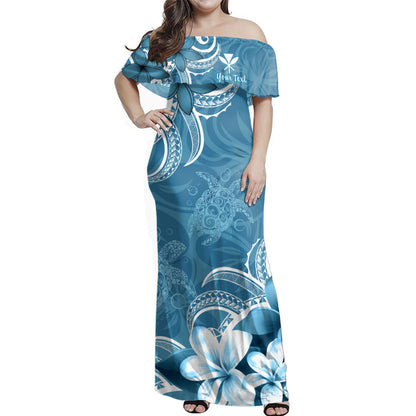 Hawaii Woman Off Shoulder Long Dress Kanaka Maoli Turtle Plumeria Tribal Style