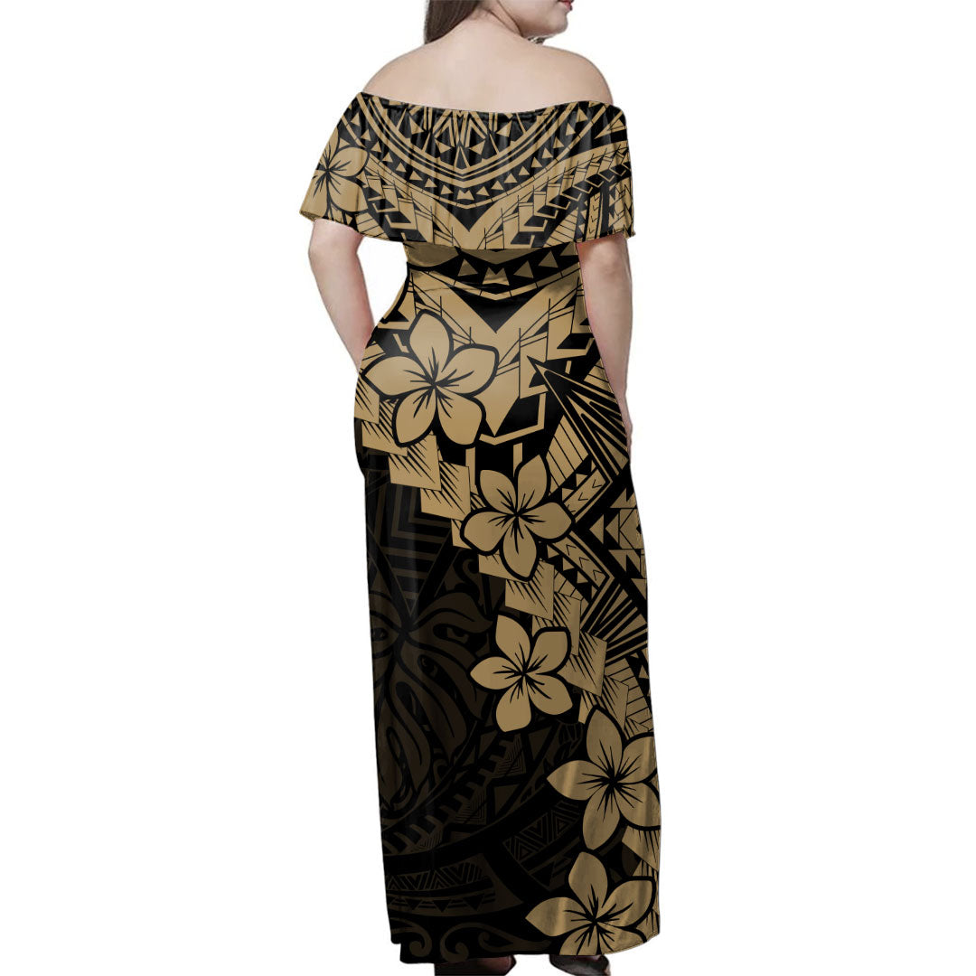 Hawaii Woman Off Shoulder Long Dress Monochrome Polynesian Tribal Bloom
