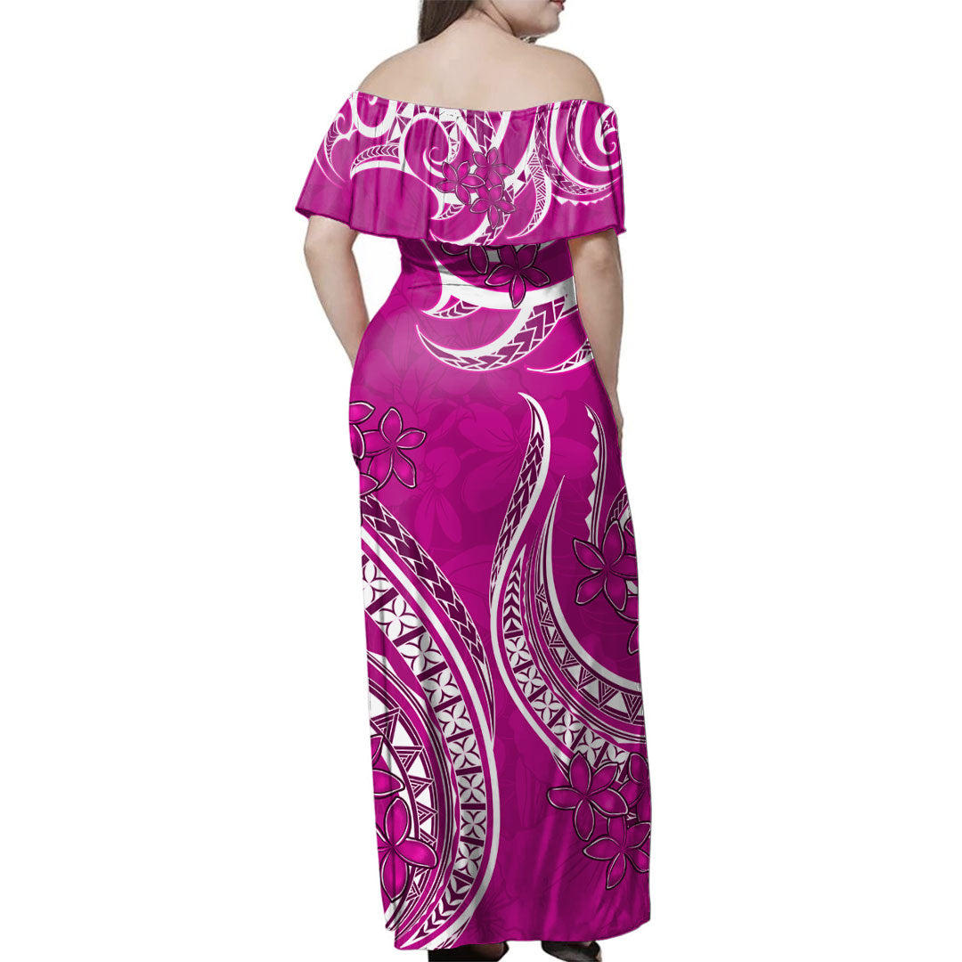 Hawaii Woman Off Shoulder Long Dress Kanaka Maoli Tribal Plumeria Print