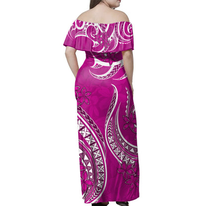 Hawaii Woman Off Shoulder Long Dress Kanaka Maoli Tribal Plumeria Print