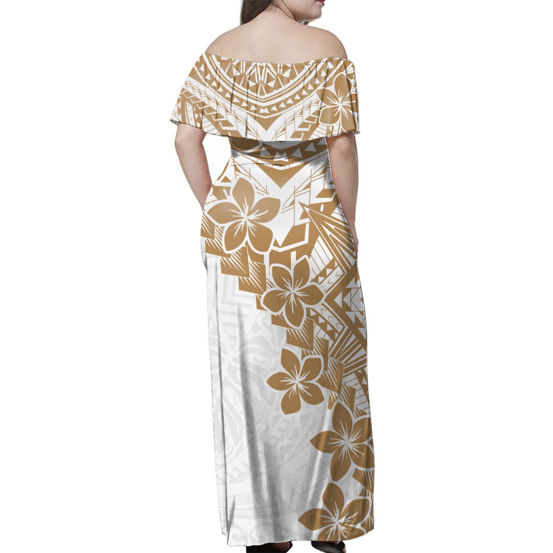 Hawaii Woman Off Shoulder Long Dress Monochrome Polynesian Tribal Bloom