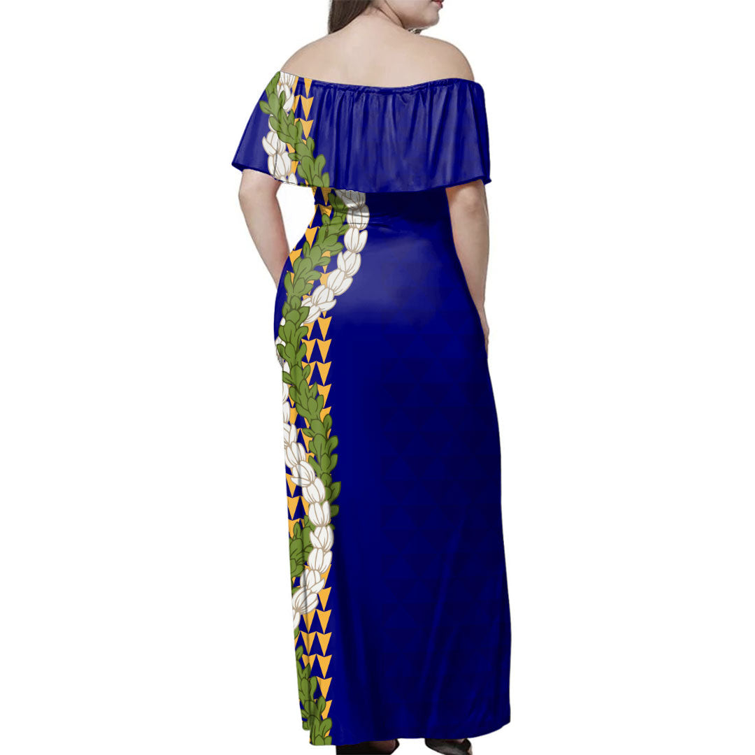 Hawaii  Woman Off Shoulder Long Dress Kanaka Maoli Puakenikeni Maile Flower Lei