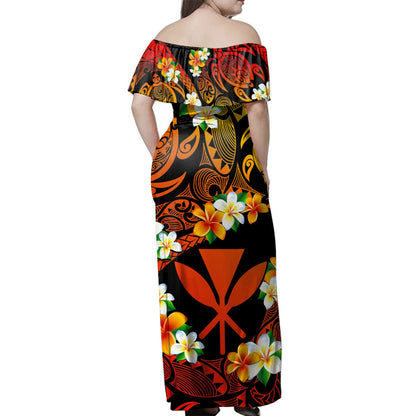 Hawaii Woman Off Shoulder Long Dress Kanaka Tribal Polynesian Plumeria Flower