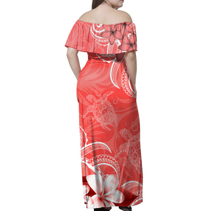 Hawaii Woman Off Shoulder Long Dress Kanaka Maoli Turtle Plumeria Tribal Style