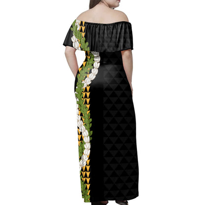 Hawaii  Woman Off Shoulder Long Dress Kanaka Maoli Puakenikeni Maile Flower Lei