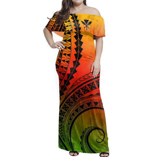 Hawaii Woman Off Shoulder Long Dress Kanaka Polynesia Tattoo Reggae
