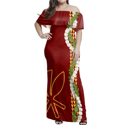 Hawaii  Woman Off Shoulder Long Dress Kanaka Maoli Puakenikeni Maile Flower Lei