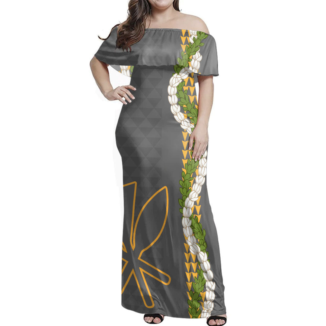 Hawaii  Woman Off Shoulder Long Dress Kanaka Maoli Puakenikeni Maile Flower Lei