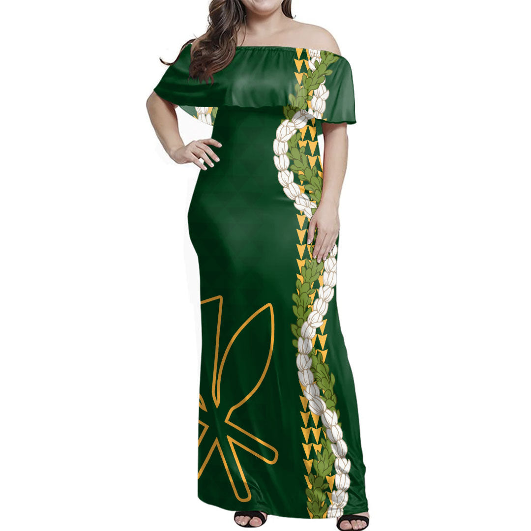 Hawaii  Woman Off Shoulder Long Dress Kanaka Maoli Puakenikeni Maile Flower Lei