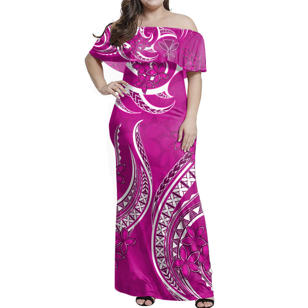 Hawaii Woman Off Shoulder Long Dress Kanaka Maoli Tribal Plumeria Print