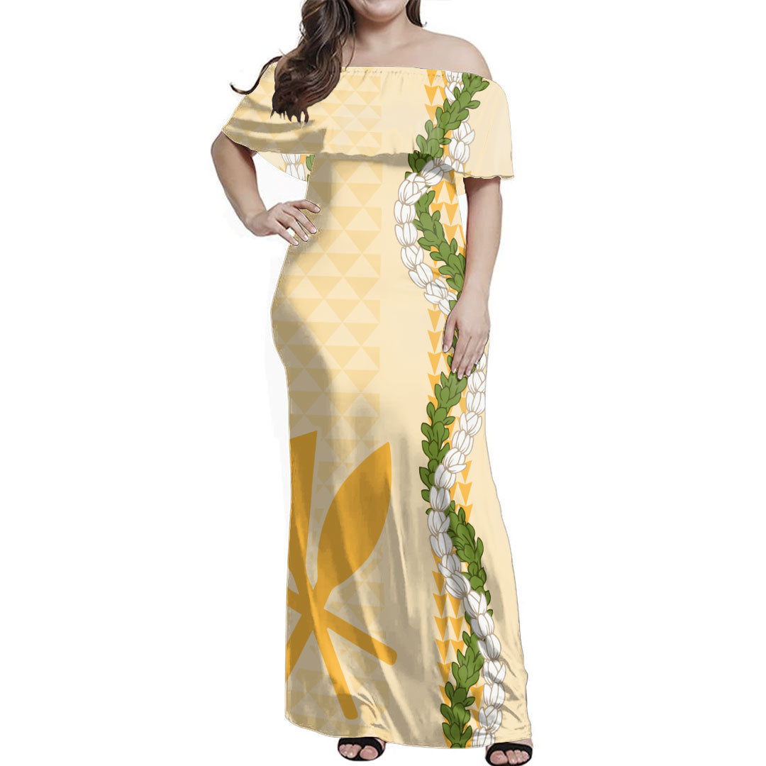 Hawaii  Woman Off Shoulder Long Dress Kanaka Maoli Puakenikeni Maile Flower Lei