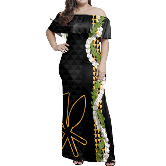 Hawaii  Woman Off Shoulder Long Dress Kanaka Maoli Puakenikeni Maile Flower Lei