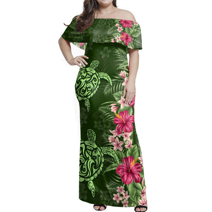 Hawaii Woman Off Shoulder Long Dress Polynesian Sea Turtle Hibiscus Tropical Style