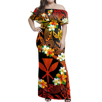 Hawaii Woman Off Shoulder Long Dress Kanaka Tribal Polynesian Plumeria Flower