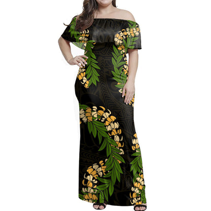 Hawaii Polynesian Combo Dress And Shirt Puakenikeni And Maile Lei Tribal Black