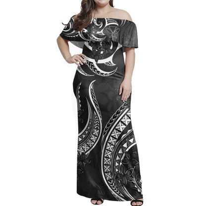 Hawaii Woman Off Shoulder Long Dress Kanaka Maoli Tribal Plumeria Print