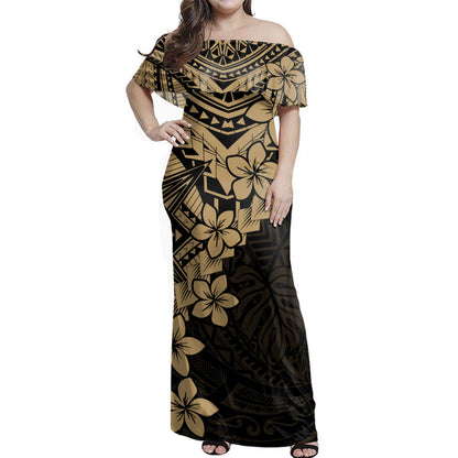 Hawaii Woman Off Shoulder Long Dress Monochrome Polynesian Tribal Bloom