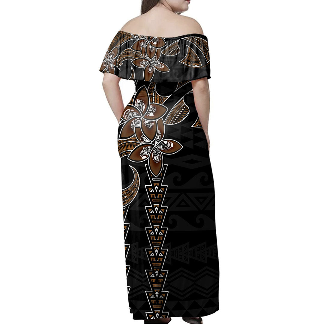 Polynesia Woman Off Shoulder Long Dress Plumeria Tribal Tattoo
