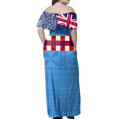 Fiji Woman Off Shoulder Long Dress Fijian UK Flag With Coat Of Arms