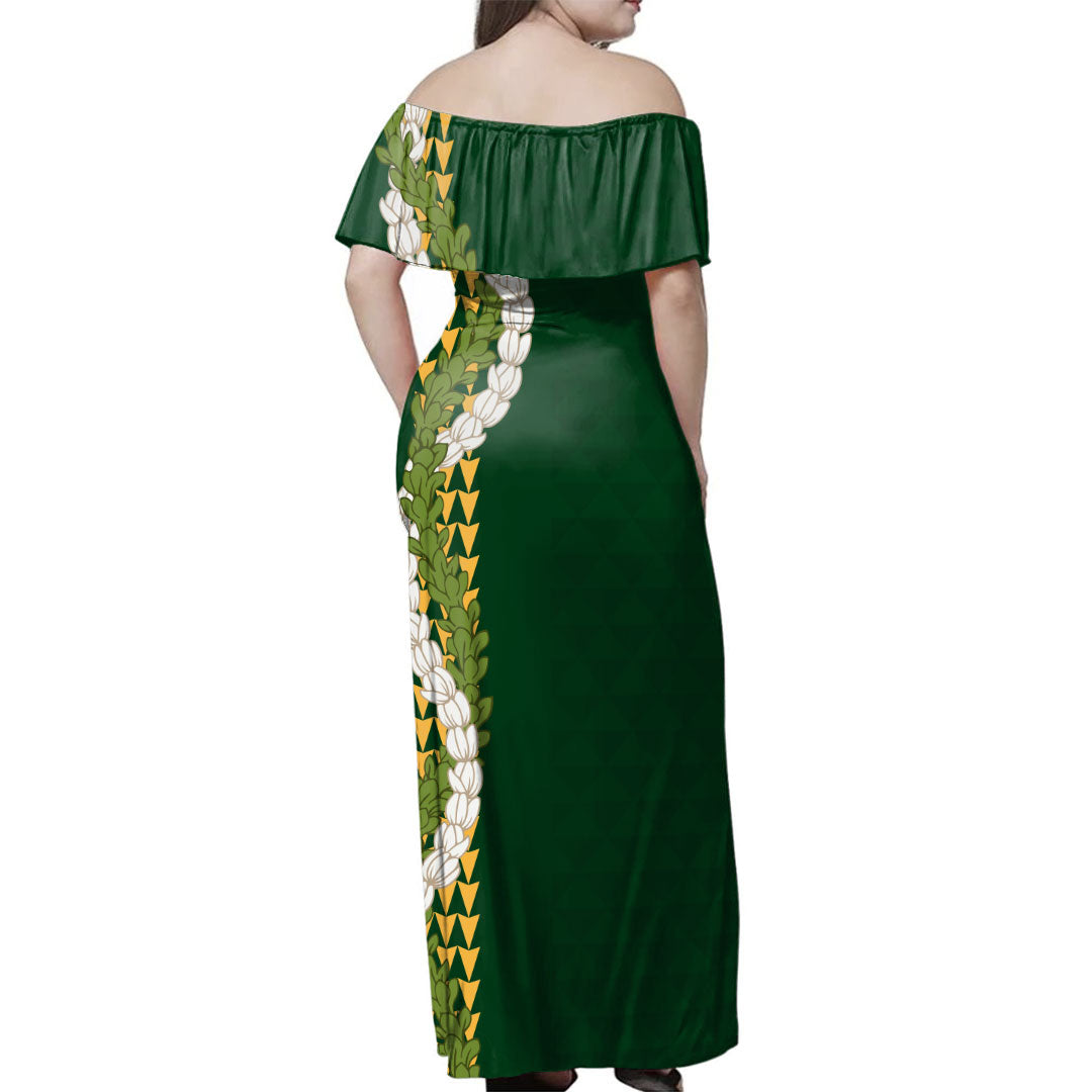 Hawaii  Woman Off Shoulder Long Dress Kanaka Maoli Puakenikeni Maile Flower Lei