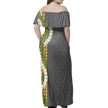 Hawaii  Woman Off Shoulder Long Dress Kanaka Maoli Puakenikeni Maile Flower Lei