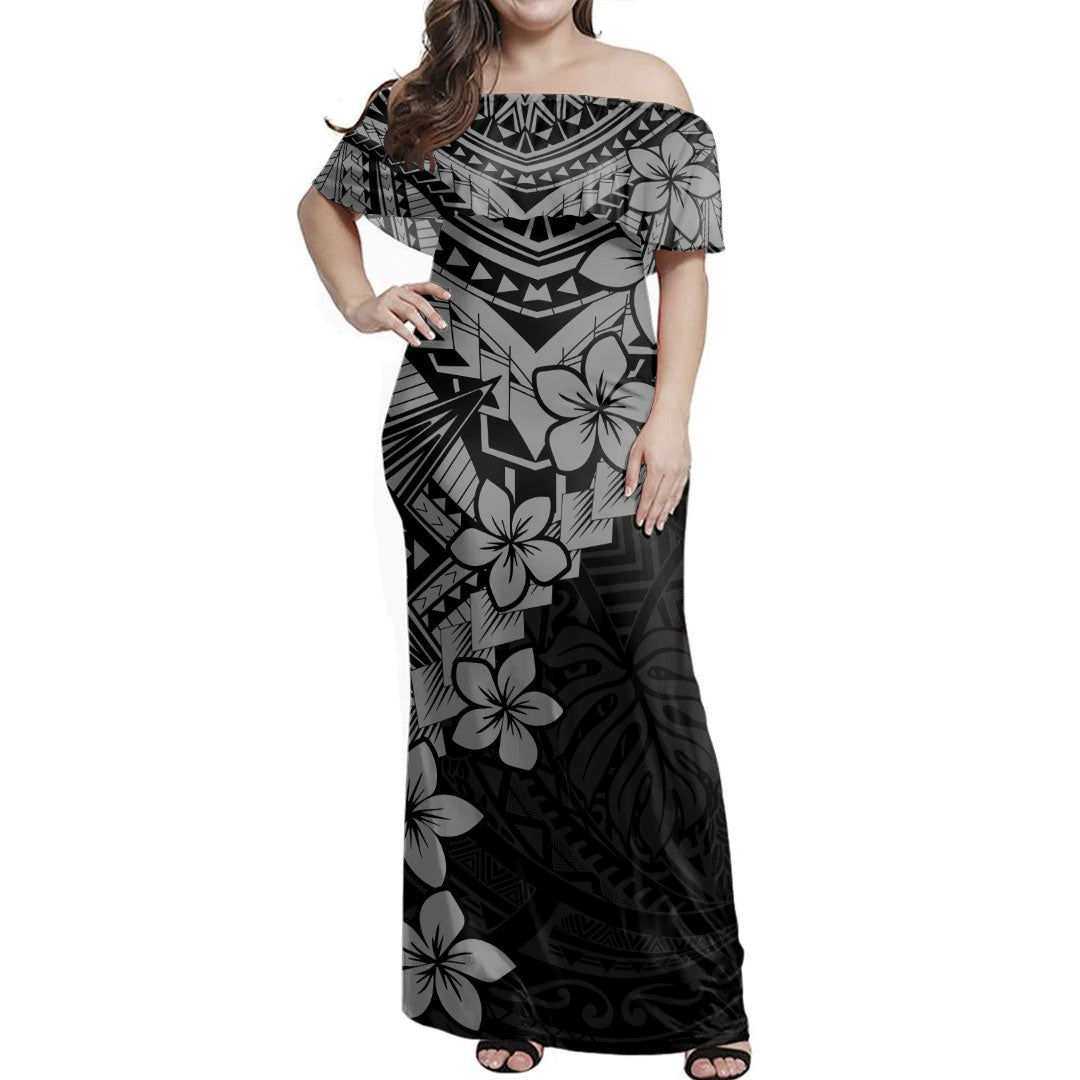 Hawaii Woman Off Shoulder Long Dress Monochrome Polynesian Tribal Bloom