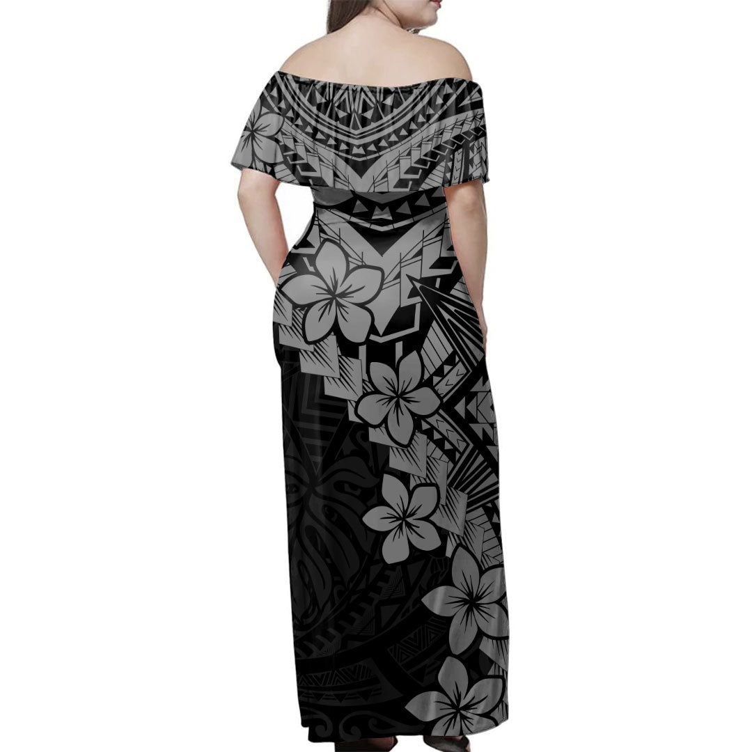 Hawaii Woman Off Shoulder Long Dress Monochrome Polynesian Tribal Bloom