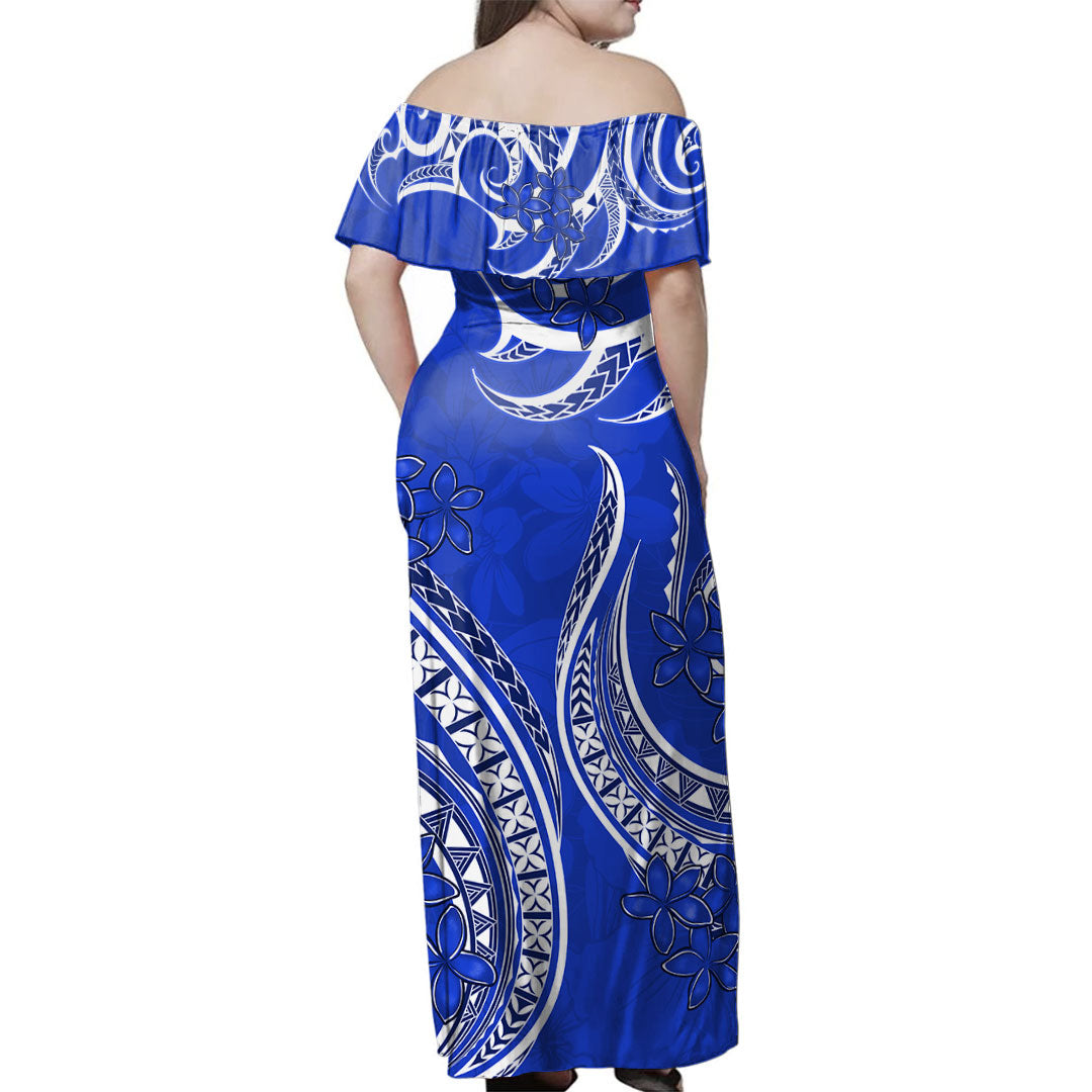 Hawaii Woman Off Shoulder Long Dress Kanaka Maoli Tribal Plumeria Print