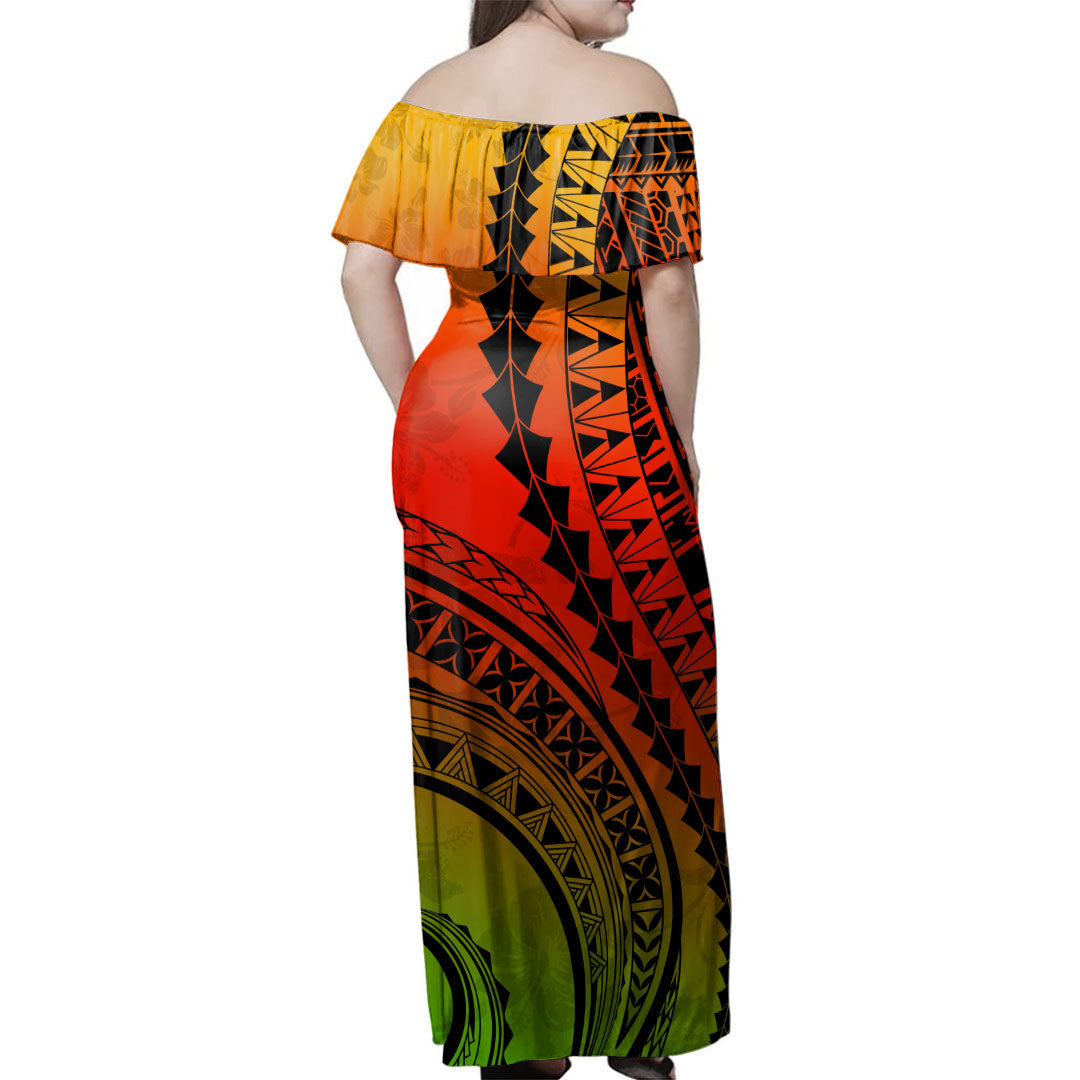 Hawaii Woman Off Shoulder Long Dress Kanaka Polynesia Tattoo Reggae