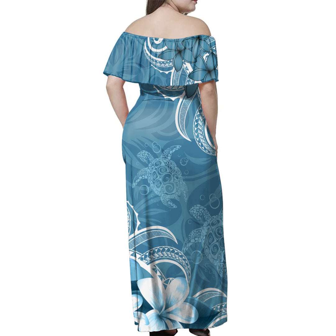 Hawaii Woman Off Shoulder Long Dress Kanaka Maoli Turtle Plumeria Tribal Style