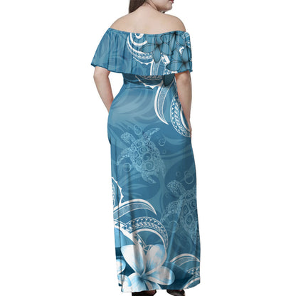 Hawaii Woman Off Shoulder Long Dress Kanaka Maoli Turtle Plumeria Tribal Style