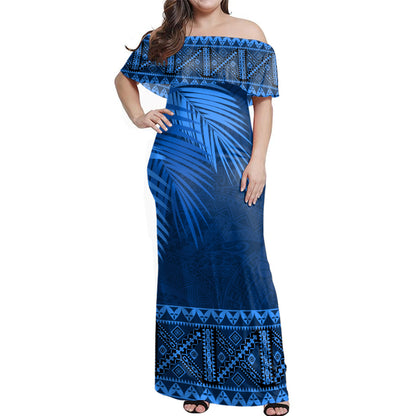Samoa Woman Off Shoulder Long Dress Masi Dobby Fabric Leaves