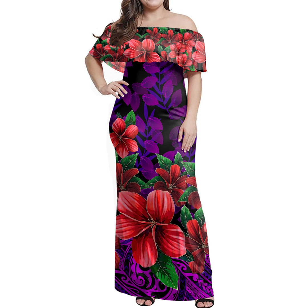 Polynesian Off Shoulder Long Dress Plumeria Tropical Leaf