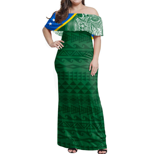 Solomon Islands Woman Off Shoulder Long Dress Polynesian Flag With Coat Of Arms