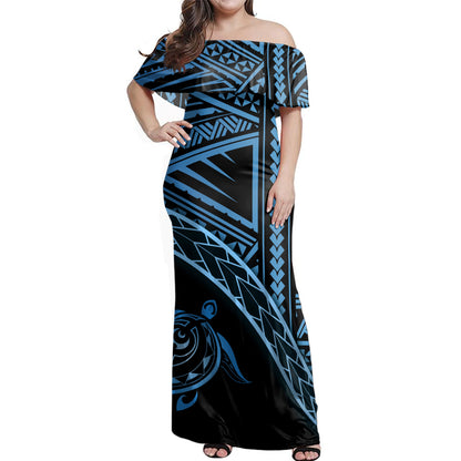 Hawaii Woman Off Shoulder Long Dress Turtle Polynesian Tribal