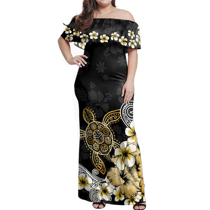 Hawaii Woman Off Shoulder Long Dress Turtle Gold Tropical